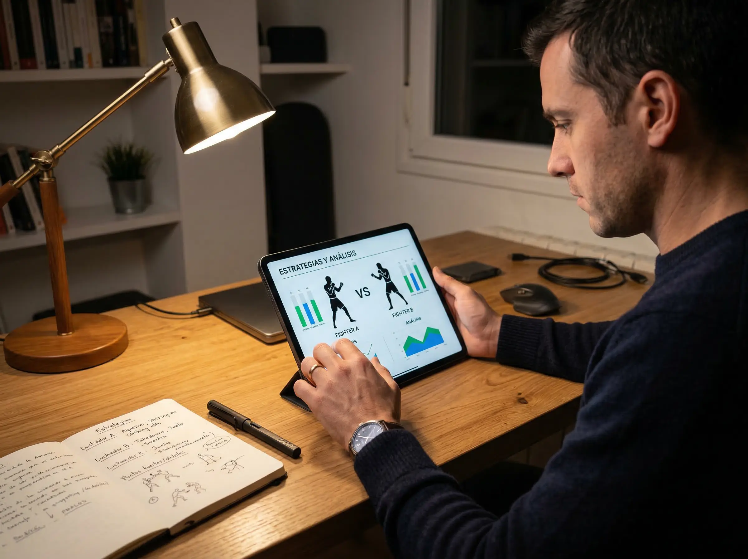 Analista revisando estadísticas de peleadores UFC en tablet con datos de striking