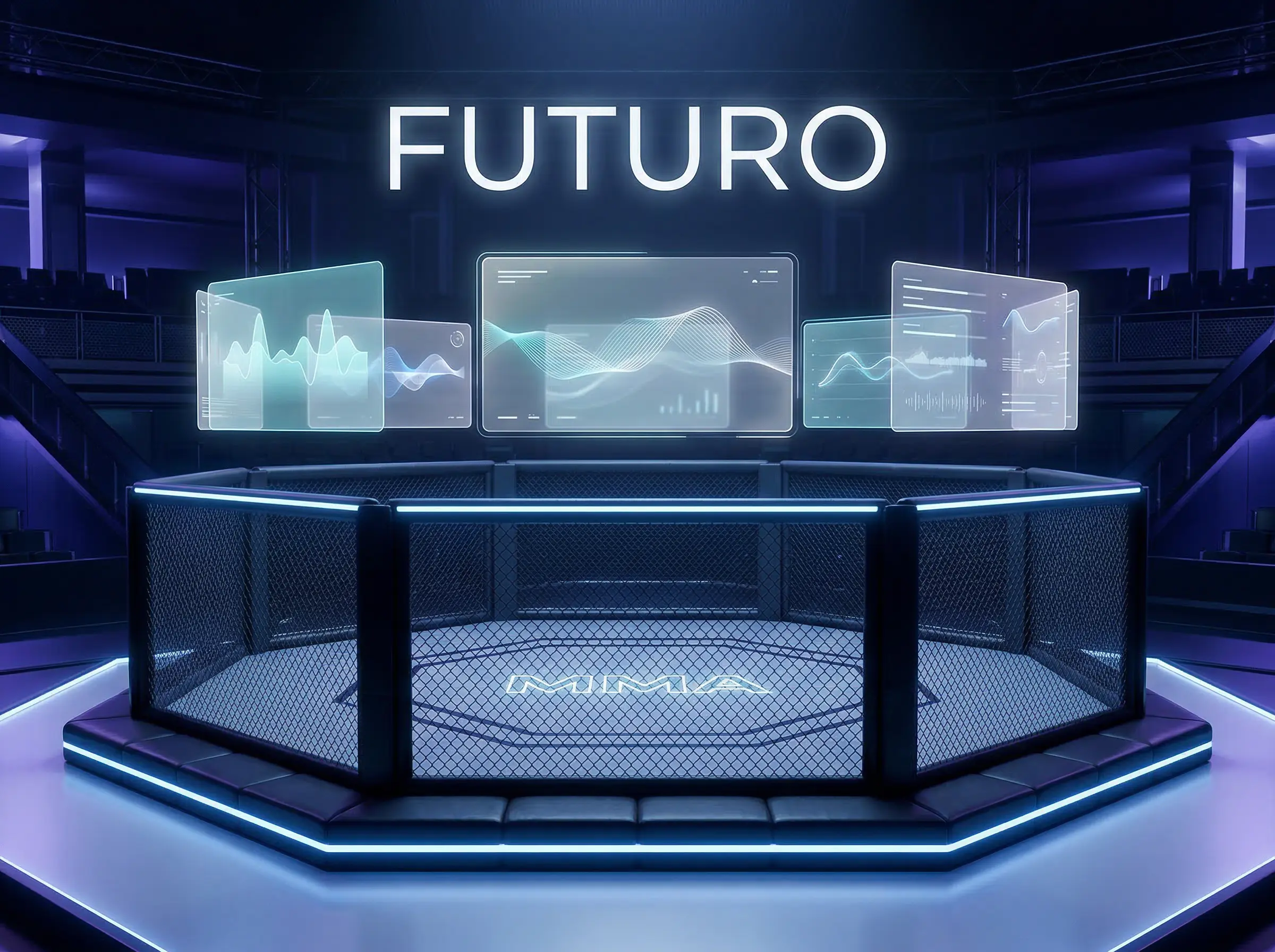 Visualización futurista del octágono UFC con elementos de IA y streaming integrados