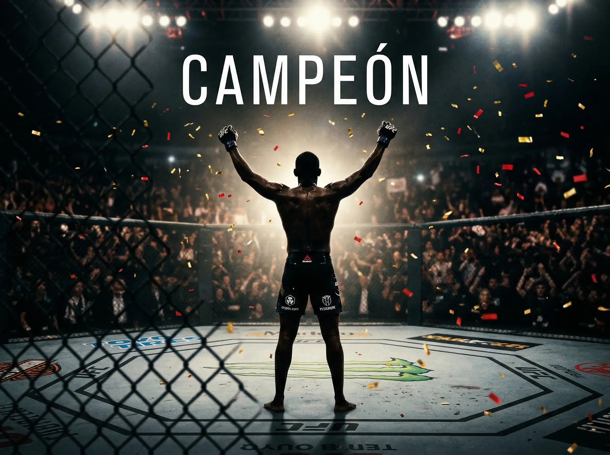 Celebración de victoria en octágono UFC con iluminación dramática