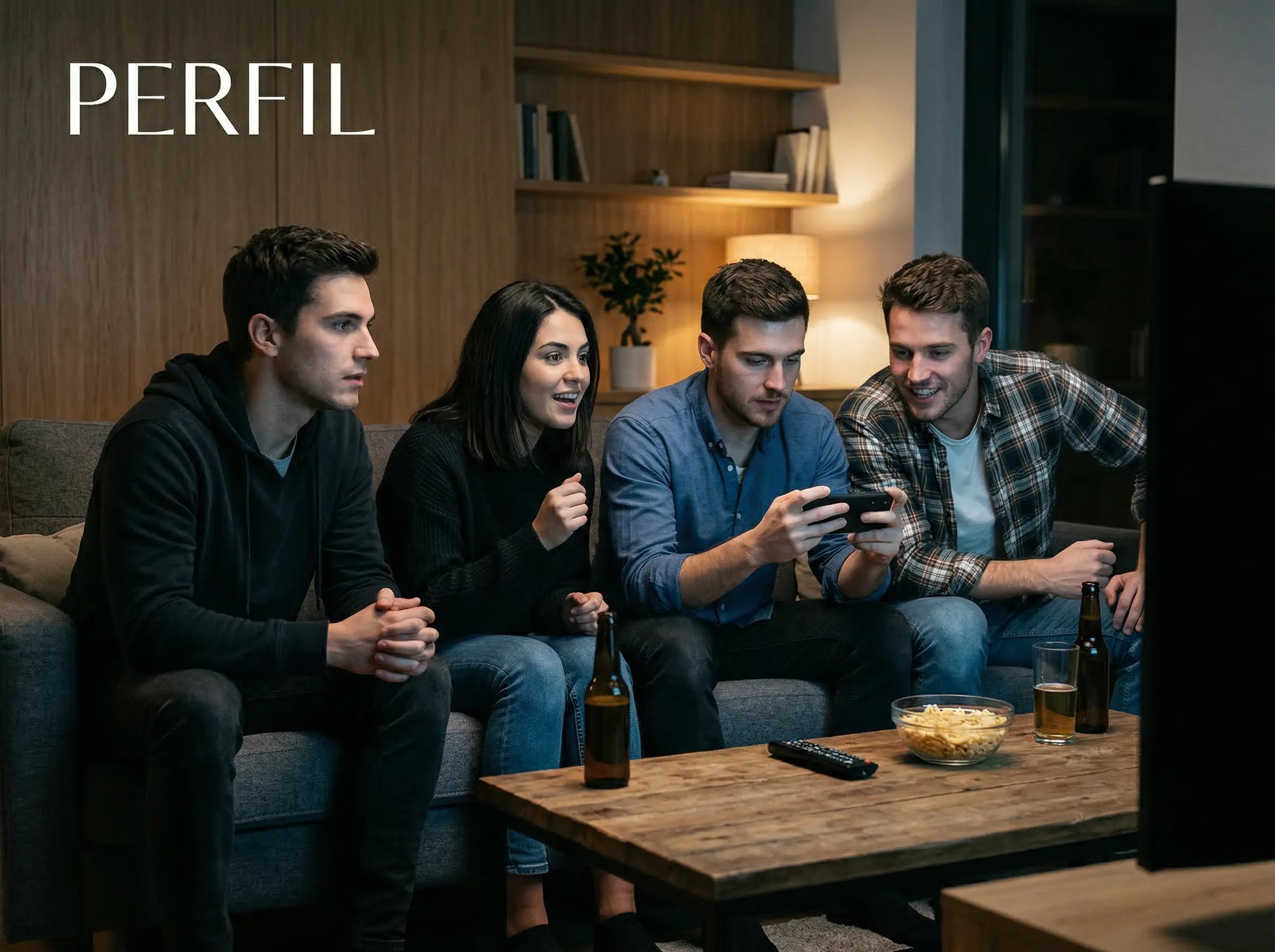 Grupo de aficionados españoles viendo evento UFC y apostando desde móvil