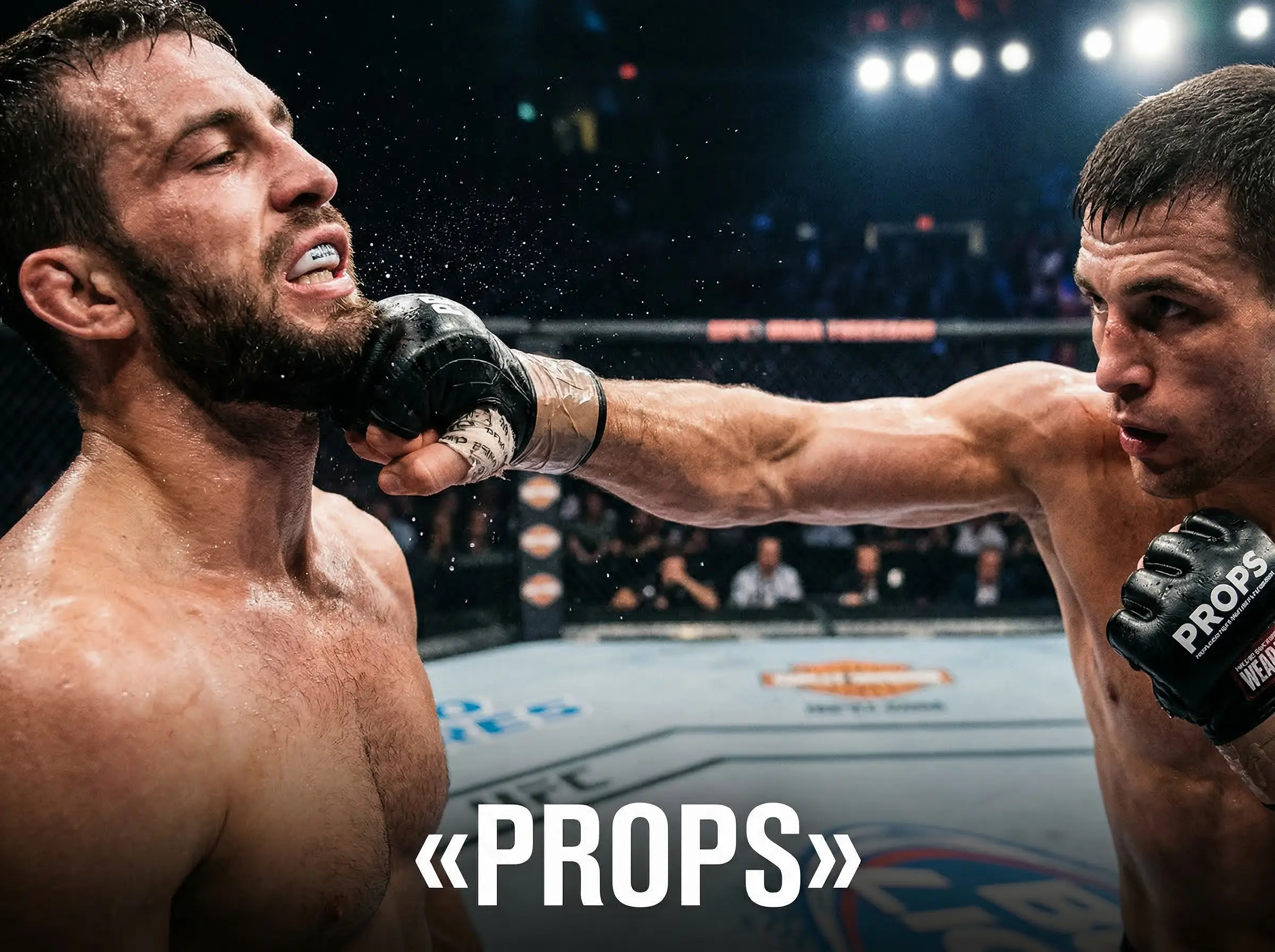 Luchador de UFC ejecutando un golpe con estadísticas de prop bets superpuestas