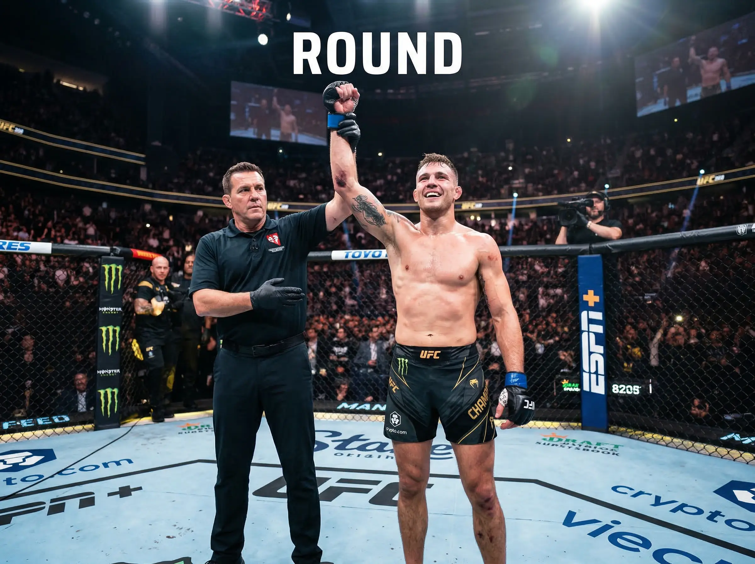 Momento de knockout en el octágono de UFC con indicador de round