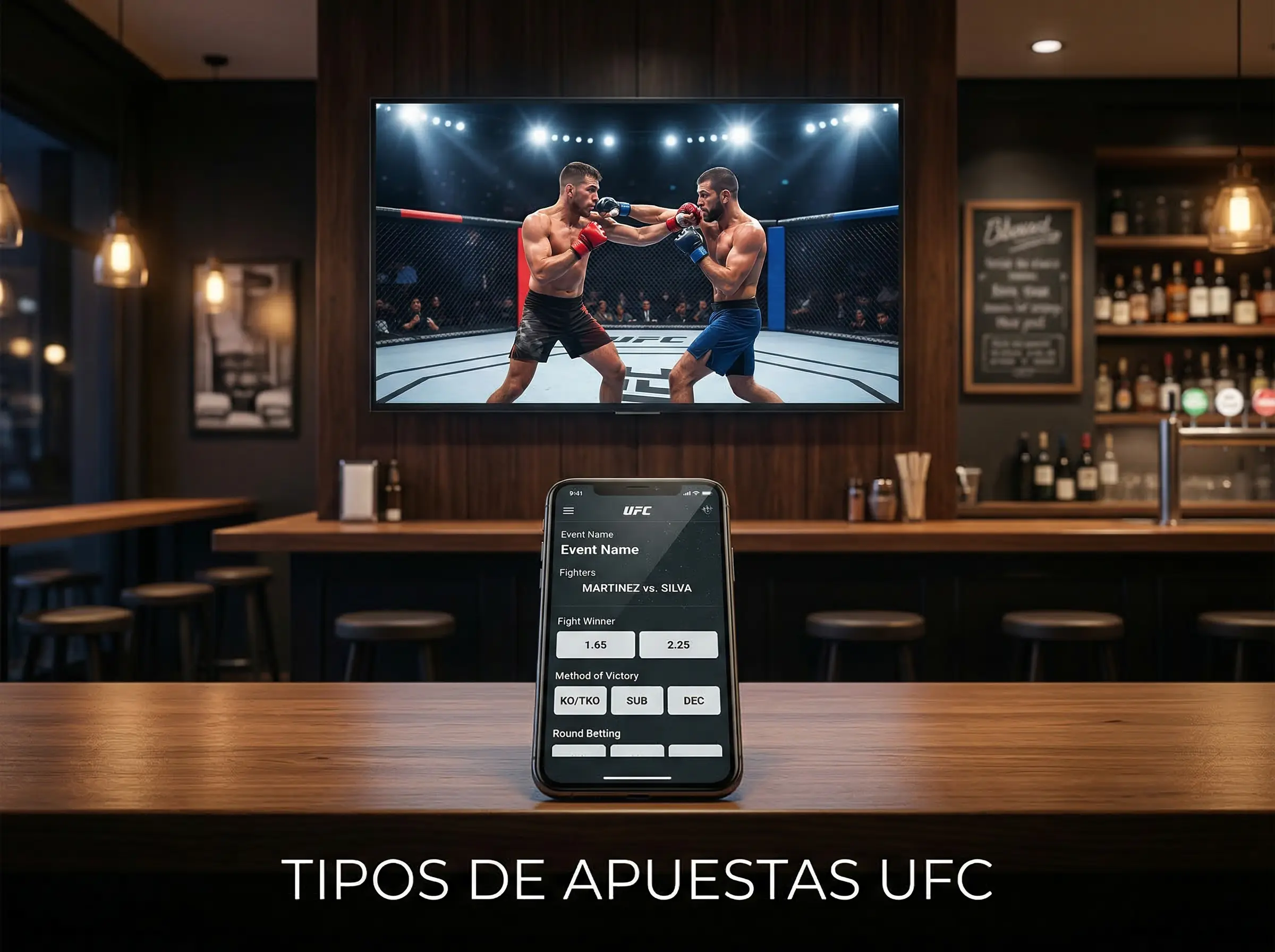Tipos de apuestas UFC: pantalla con cuotas y luchador de MMA en el octágono