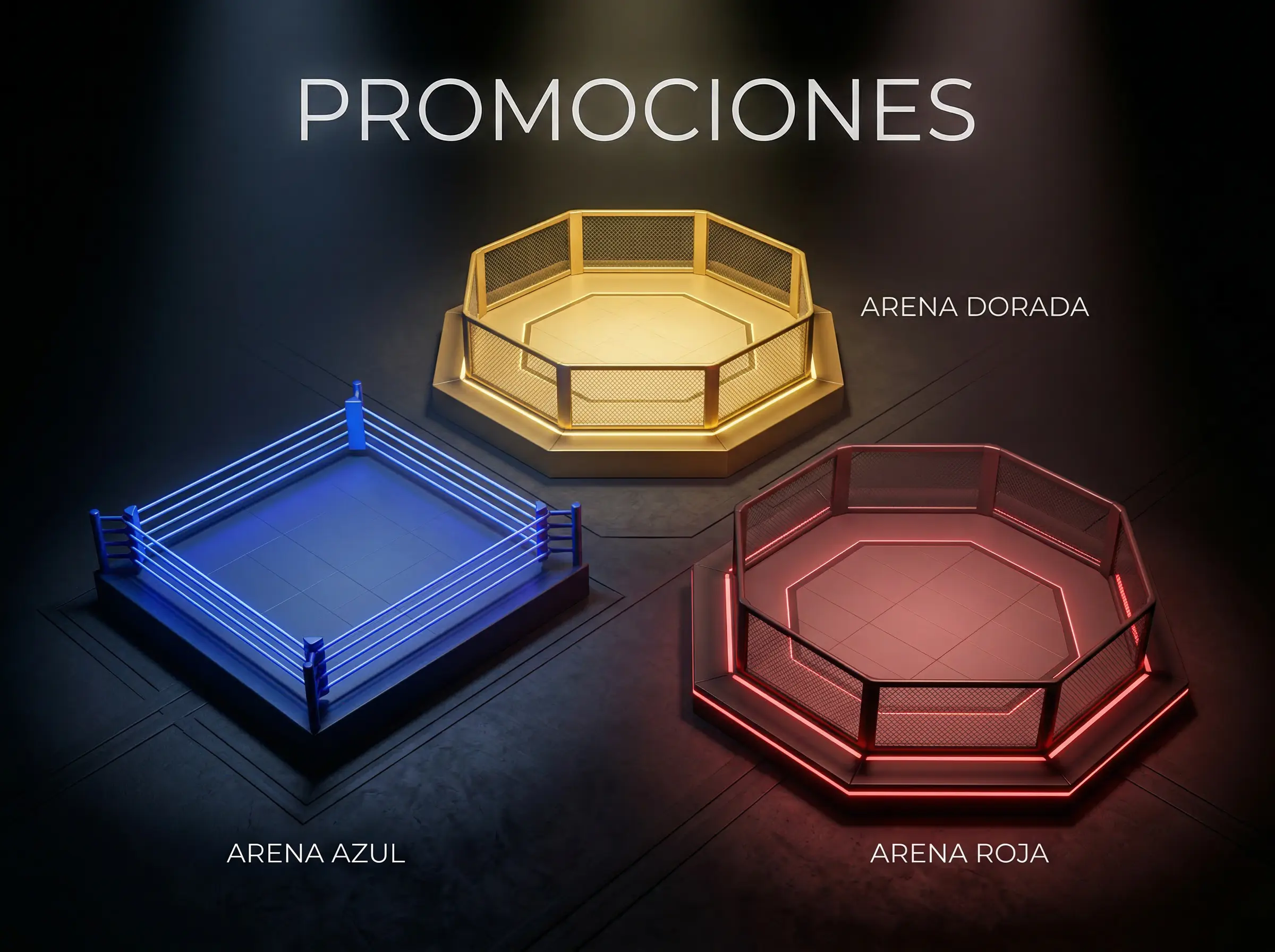 Logos de las tres principales promociones de MMA: UFC, Bellator y ONE Championship